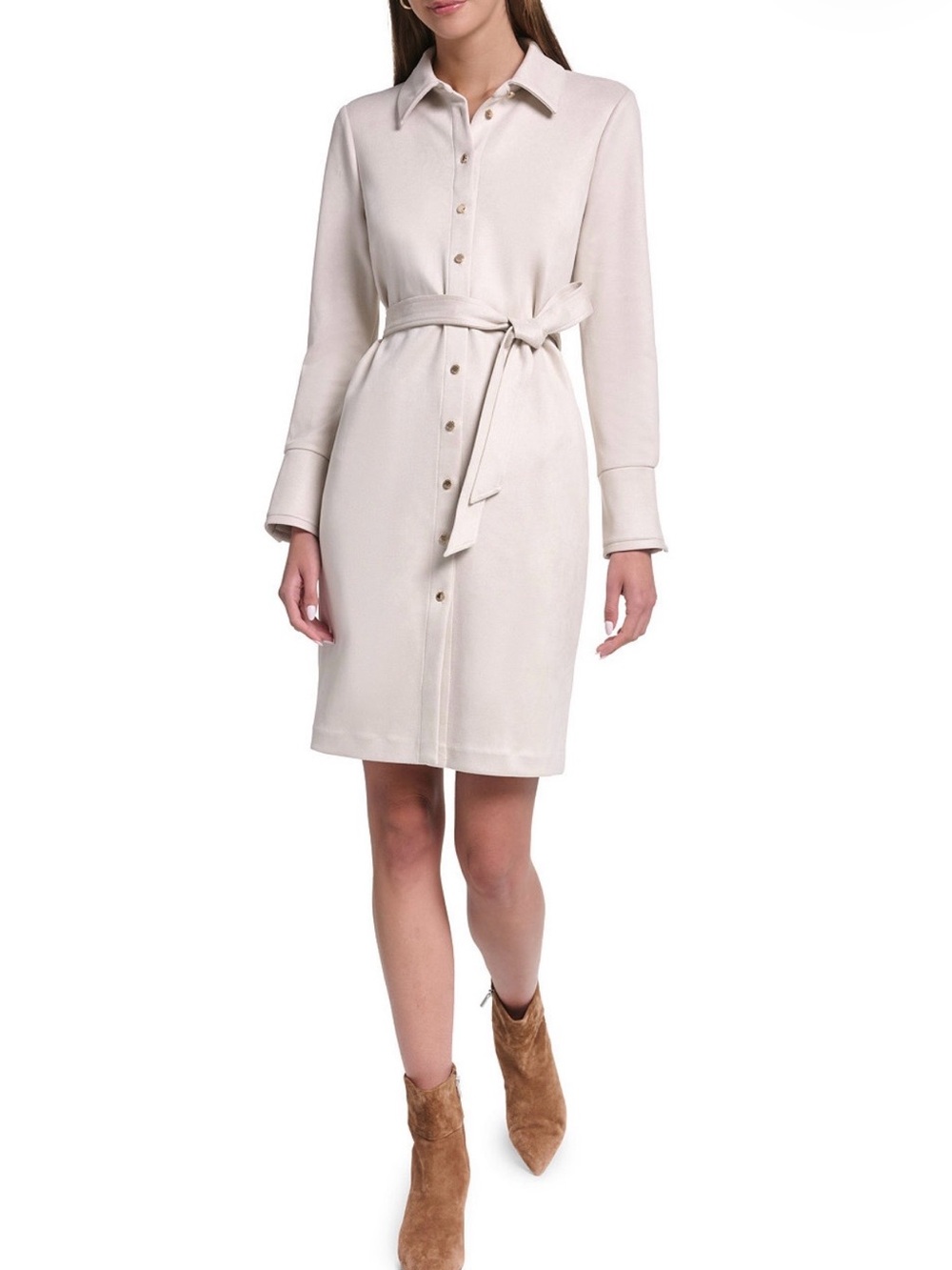 H by Halston Cream Long Sleeve Button-Front Shirt Dress with Tie Belt